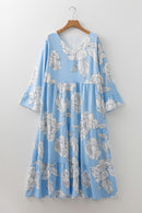 Sky Blue Floral Bracelet Sleeve V Neck Plus Size Tiered Maxi Dress
