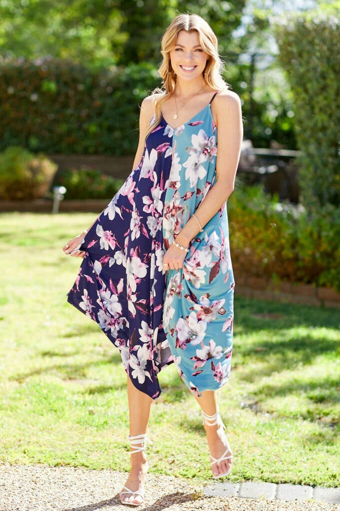 Shopin LA - SPD7002 - WOMEN FLORAL COLOR BLOCK SLEEVELESS DRESS