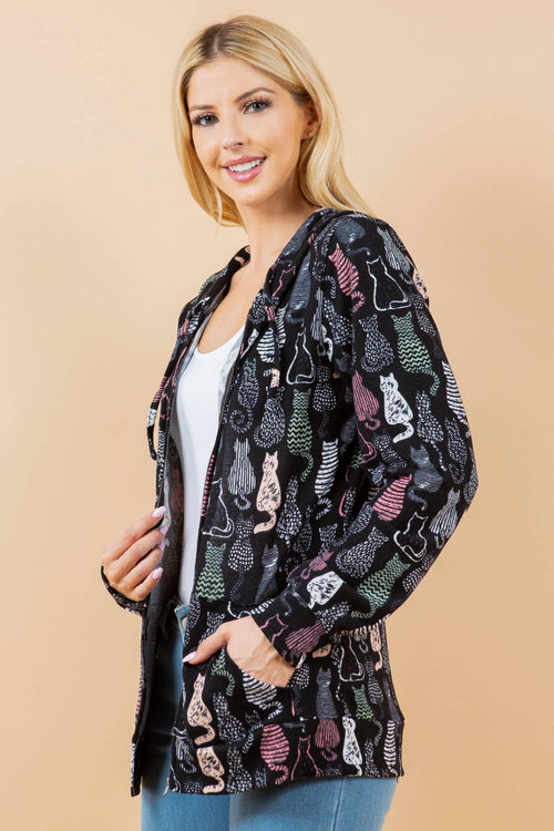 Cat Facing Backward Adorable Print Zipper Hoodie