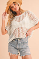 Apricot Fishnet Knit Ribbed Round Neck Short Sleeve Tee