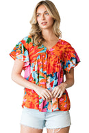 Sky Blue Boho Abstract Print V Neck Flutter Sleeve Blouse