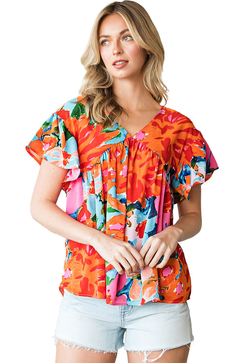 Sky Blue Boho Abstract Print V Neck Flutter Sleeve Blouse