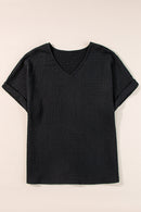 Bright Pink Textured Rolled Short Sleeve V Neck Blouse