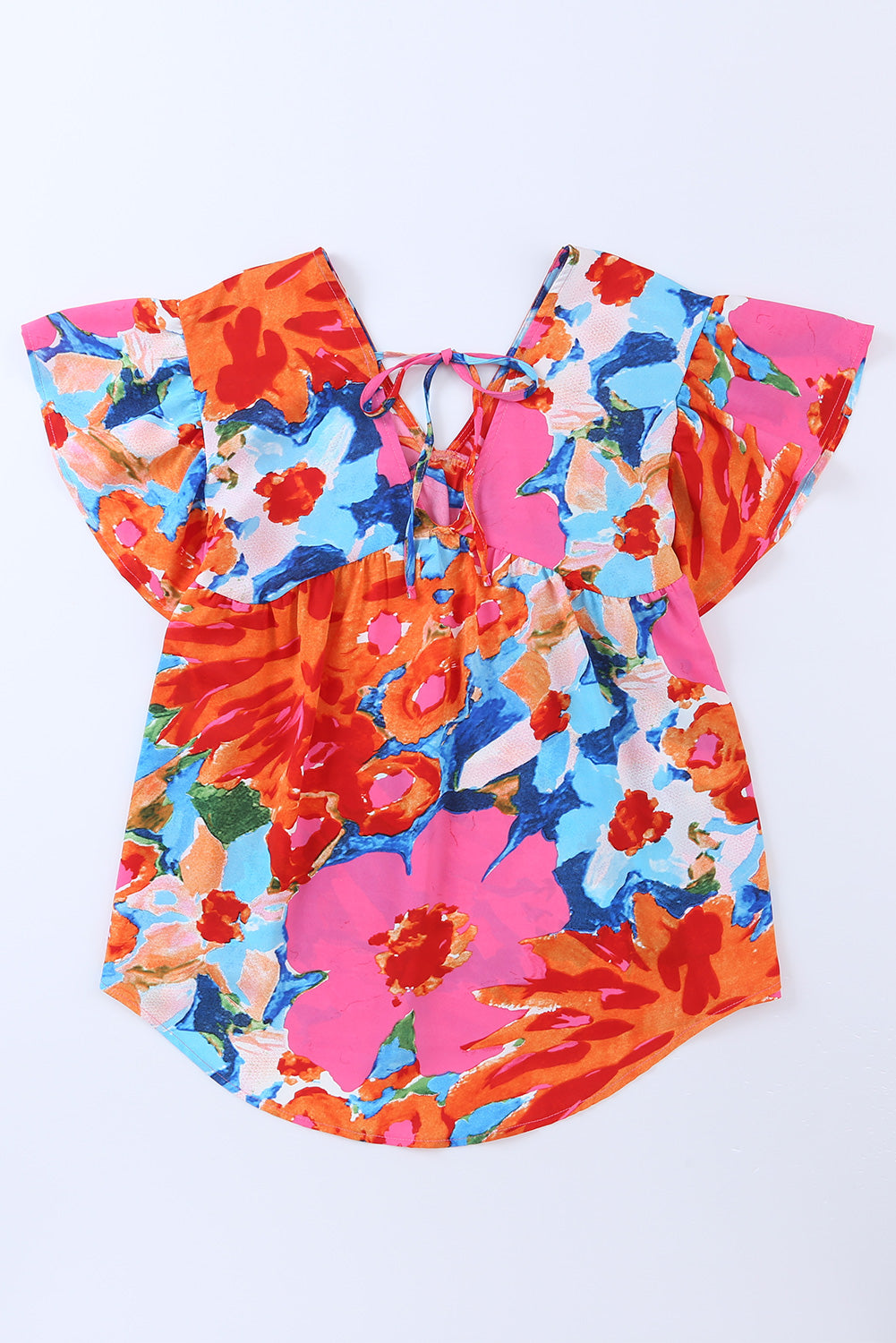 Sky Blue Boho Abstract Print V Neck Flutter Sleeve Blouse