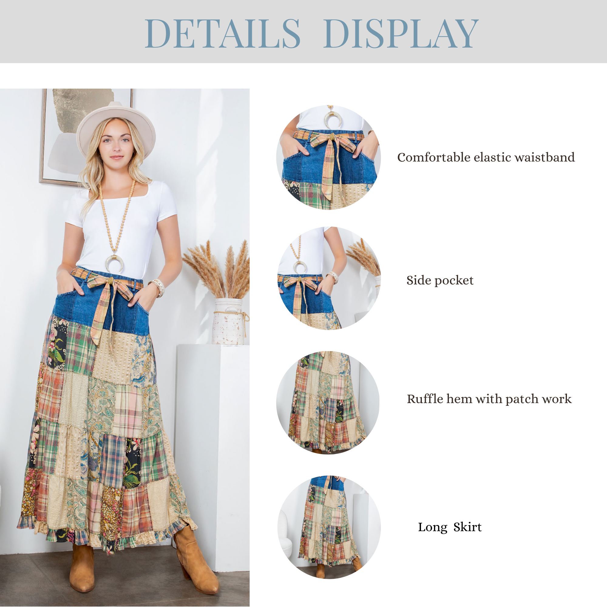 Young Threads - Western Boho Chic: Patchwork Belted Skirt  (New Color)
