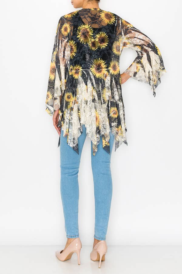 Origami Apparel ~  Lace and Crochet inspired - Classic All Lace Cardigan with Tiered Layers - 4618 BG/BK SUN FL