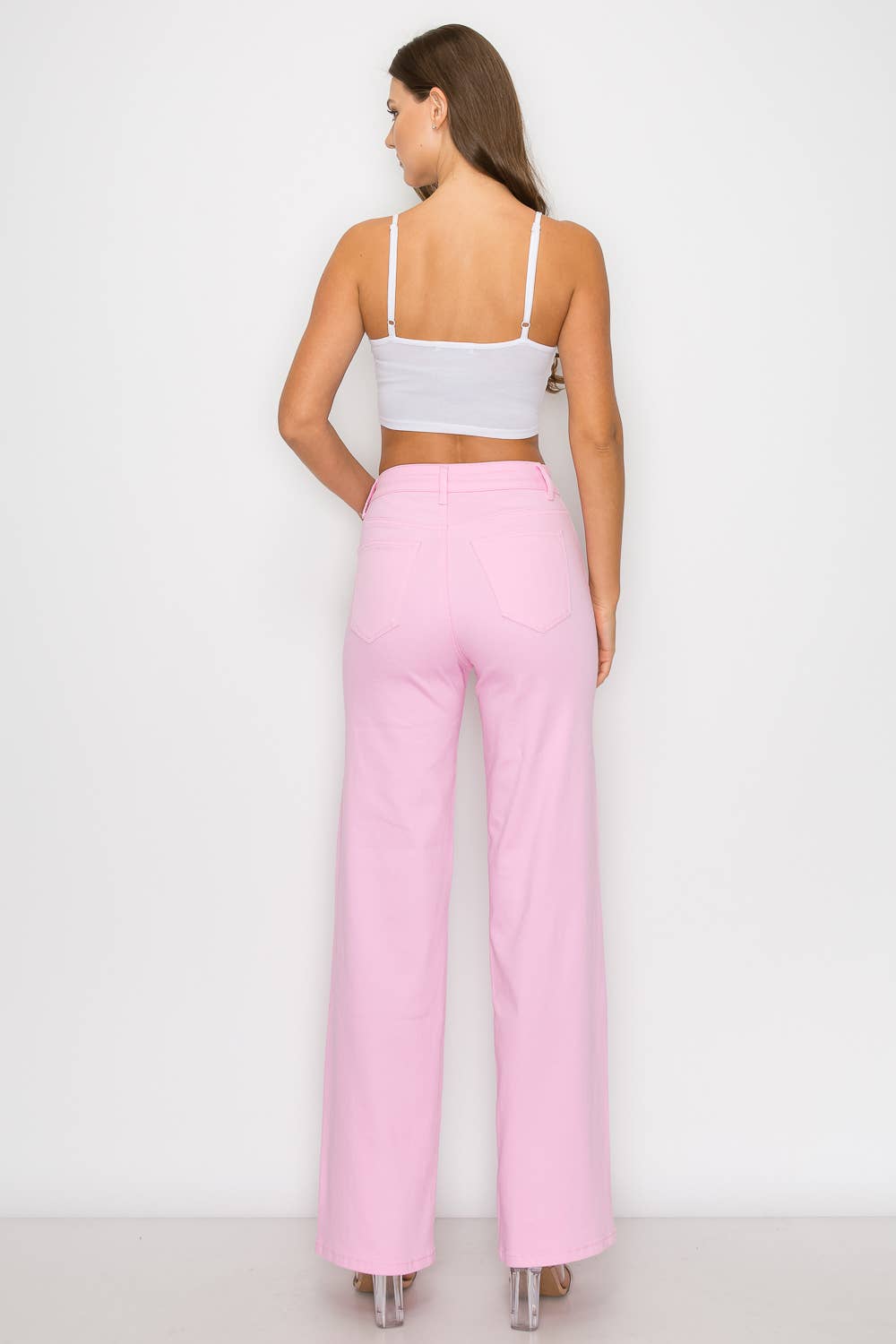 Denim Zone U.S.A. - LVB-200 LIGHT PINK HIGH WAISTED STRETCHY WIDE LEGS JEANS