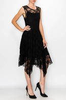 Origami Apparel ~  Lace and Crochet inspired - Whimsical Sleeveless Lace Midi Dress With Unattached Slip - 4609BLACK