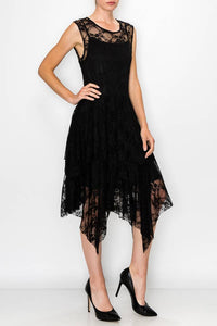 Origami Apparel ~  Lace and Crochet inspired - Whimsical Sleeveless Lace Midi Dress With Unattached Slip - 4609BLACK