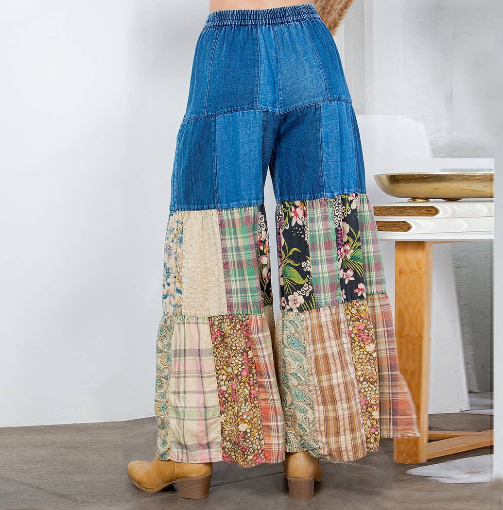 Young Threads - Boho chic Tiered Patch Inserted Denim &Knit Pants(New Color)