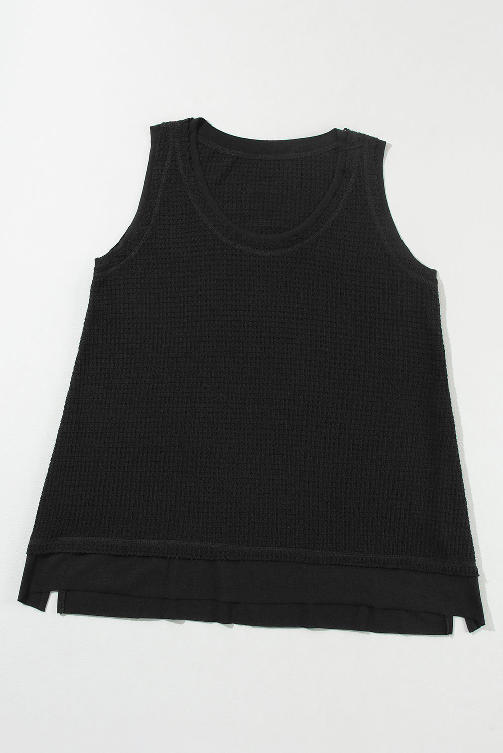 Black Scoop Neck Waffle Knit Splicing Flowy Vest