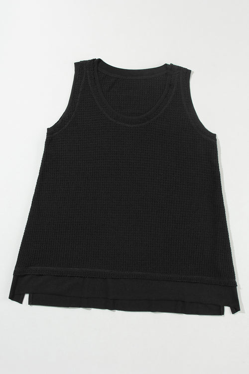 Black Scoop Neck Waffle Knit Splicing Flowy Vest
