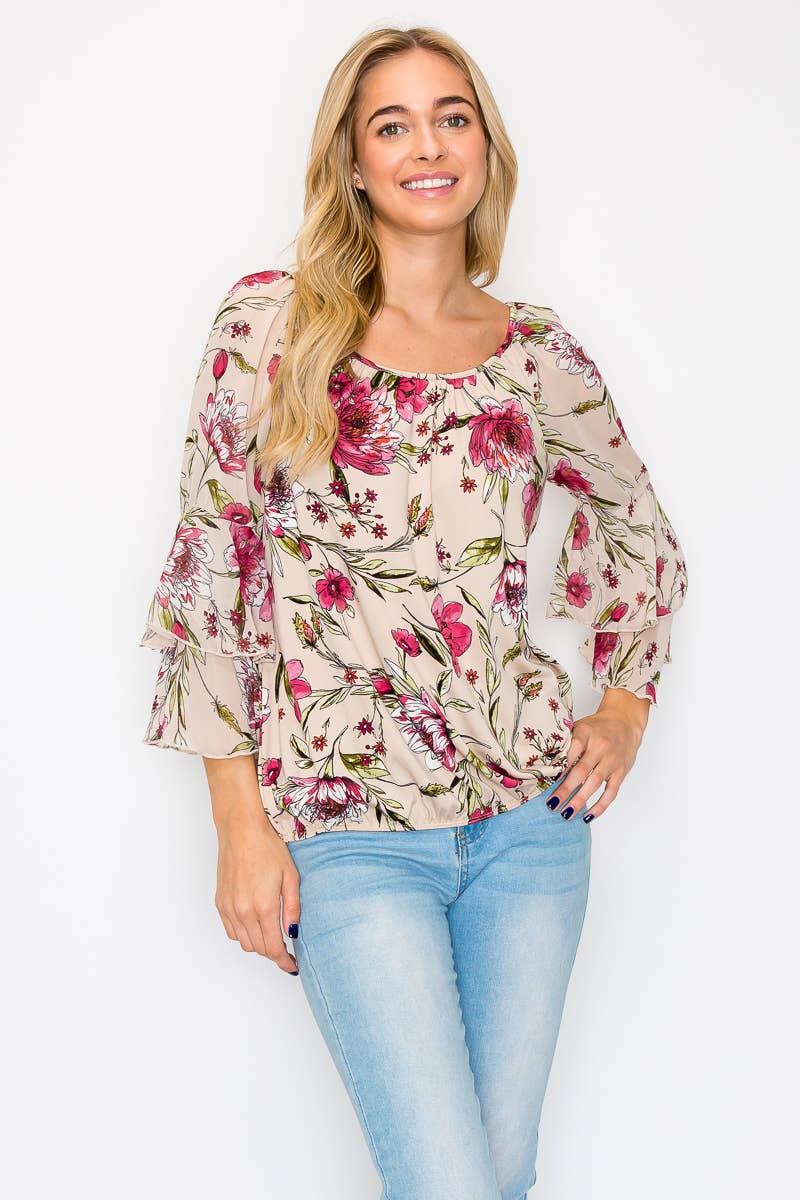 Perseption - Scoop Neck Double Ruffle Flounce Sleeve Blouse