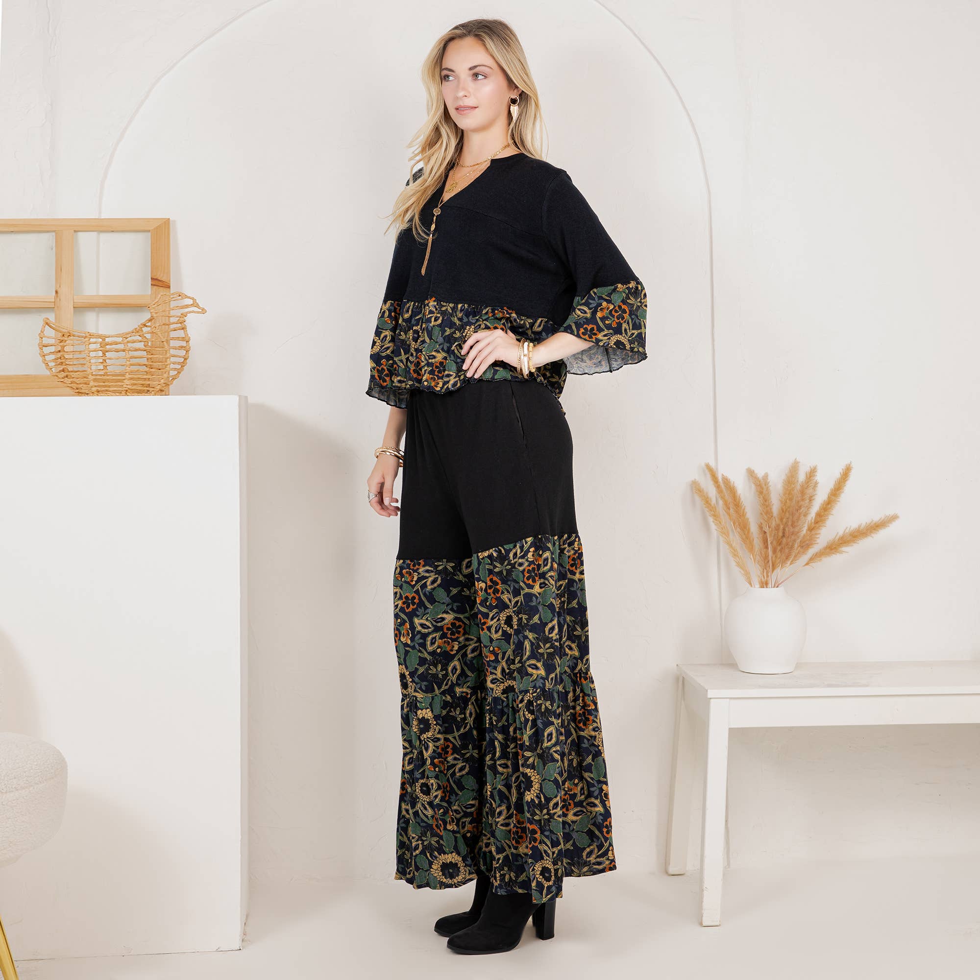 Young Threads - Chic Boho Set: Sweater Jhabla & Mixed Print Drape Pants