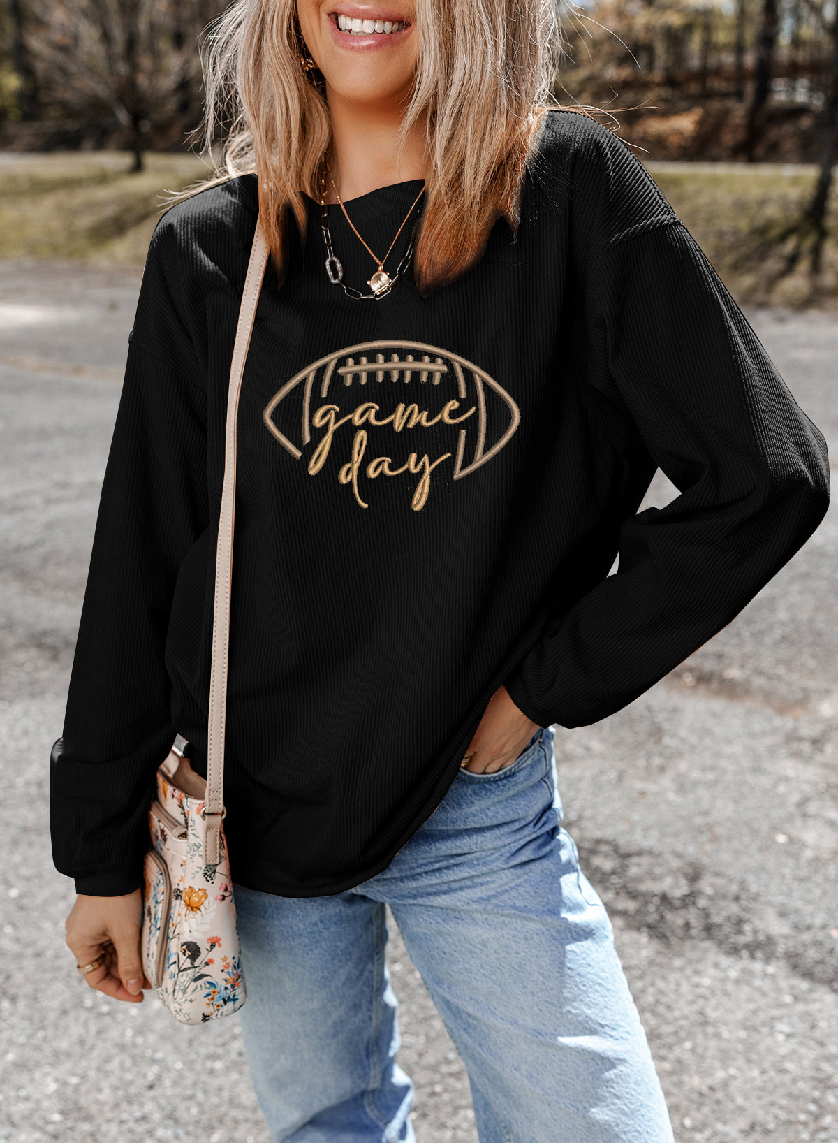 White Football Graphic Game Day Embroidered Corded Sweatshirt