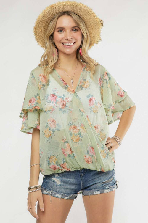 Madelyn - LYT14199A-PRINTED CROSS OVER FLARE SLEEVE TOP