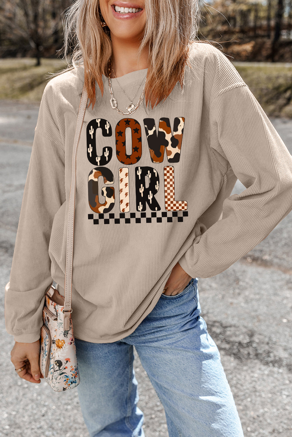 Smoke Gray Letter Heat Transfer Printing Corduroy Baggy Sweatshirt