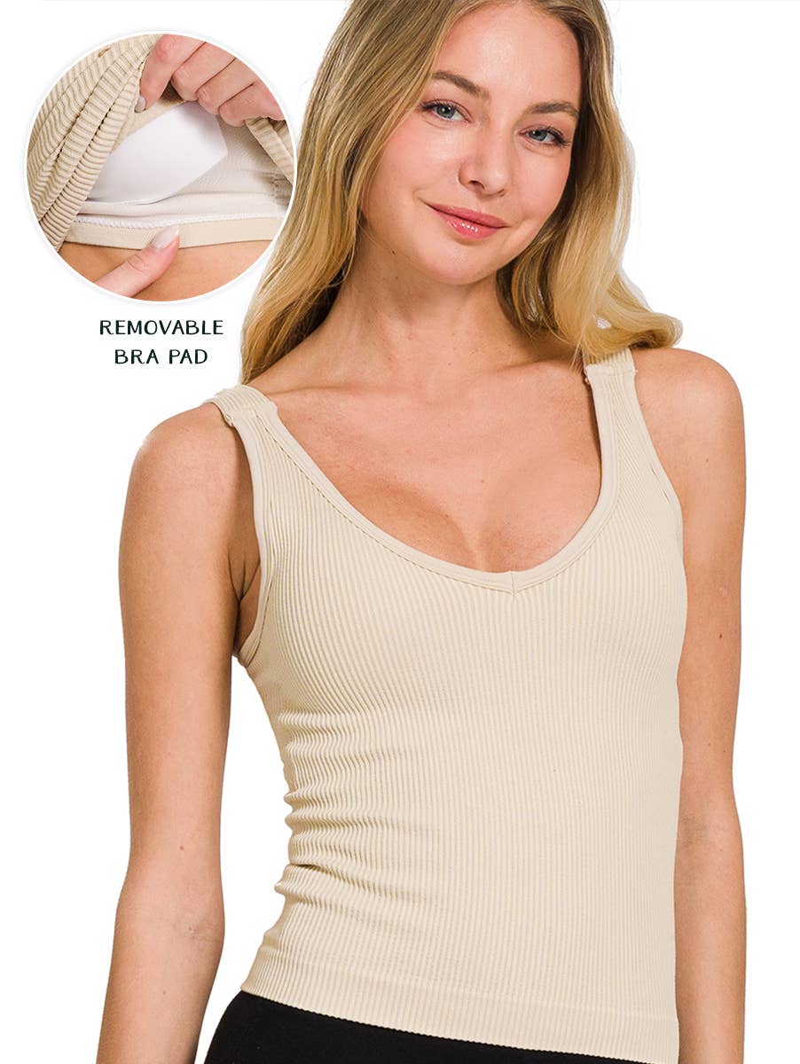 42POPS - ...SI-26015 Ribbed Bra Padded V Neck Tank Top