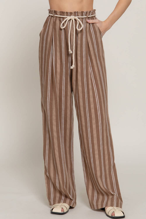 42POPS - ...SI-27859 Rope Belted Stripe Print Linen Effect Pants w/ Pock