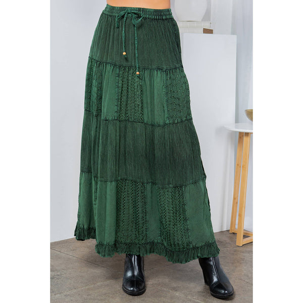 Young Threads - Retro Chic Crinkled Tiered Green Skirt With Mixed Embroidery Patch