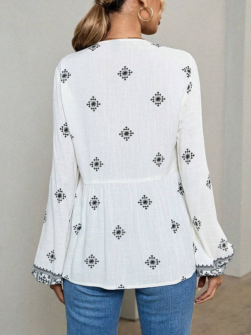 Hope & Sunshine - Boho Lantern Sleeve Tie-Neck Blouse