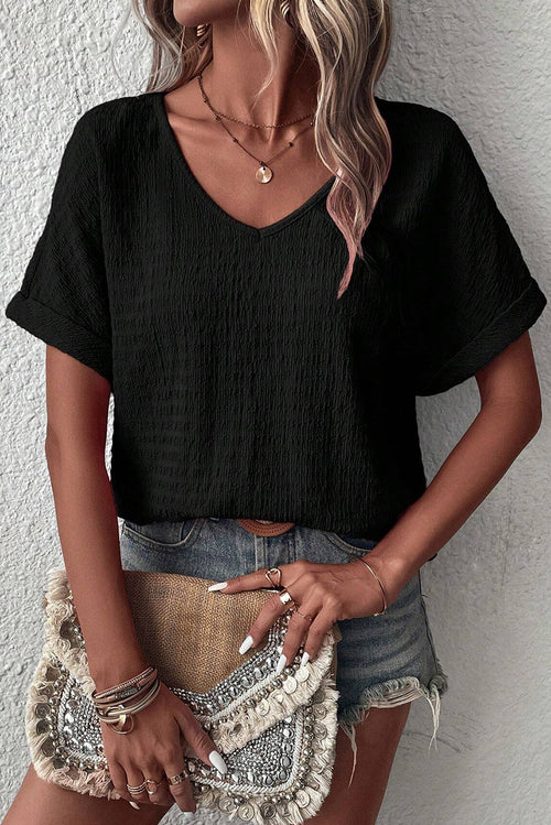 Bright Pink Textured Rolled Short Sleeve V Neck Blouse