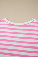 Pink Stripe Colorblock Patched Pocket V Neck Plus Size Tee