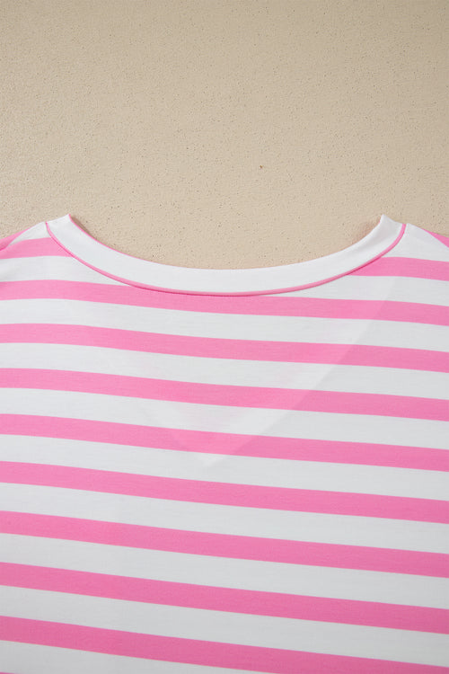Pink Stripe Colorblock Patched Pocket V Neck Plus Size Tee