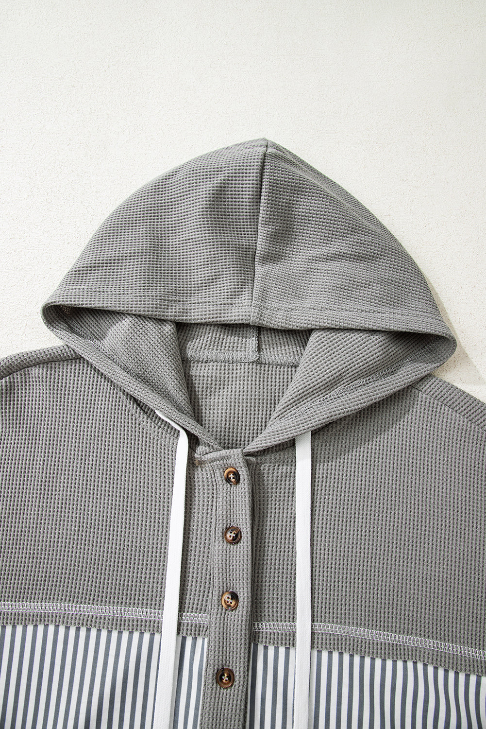 Gray Waffle Patchwork Drawstring Hooded Long Sleeve Top