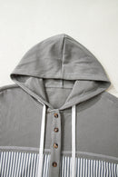 Gray Waffle Patchwork Drawstring Hooded Long Sleeve Top