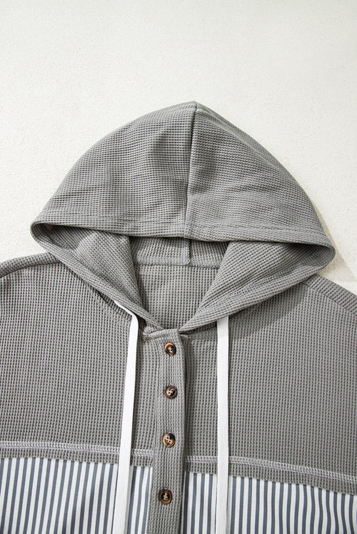 Gray Waffle Patchwork Drawstring Hooded Long Sleeve Top