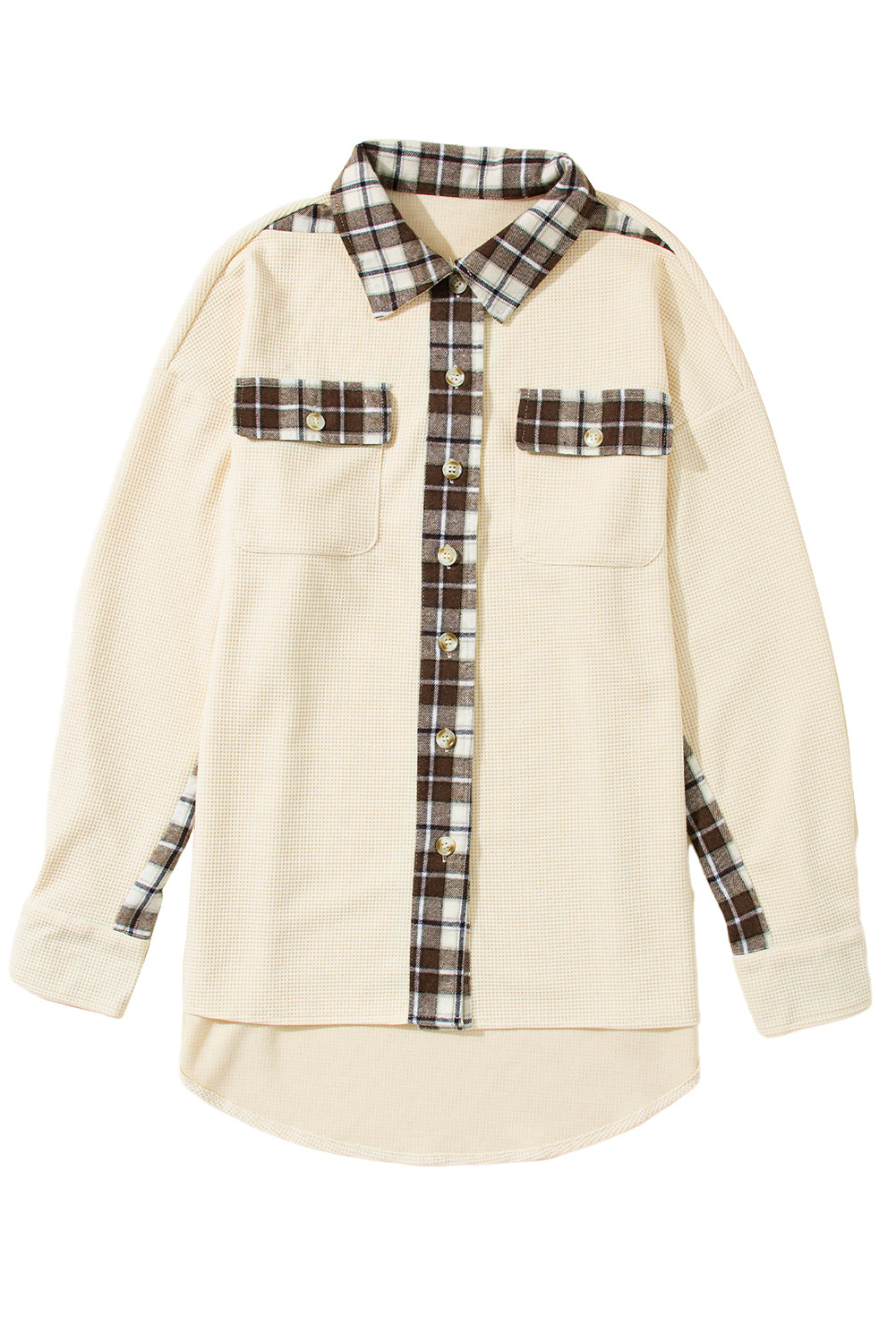 Apricot Plaid and Thermal Waffle Patchwork Shacket