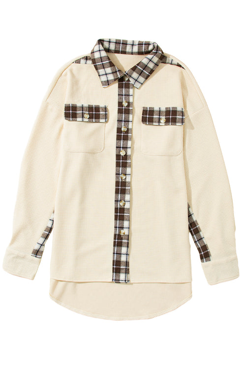 Apricot Plaid and Thermal Waffle Patchwork Shacket