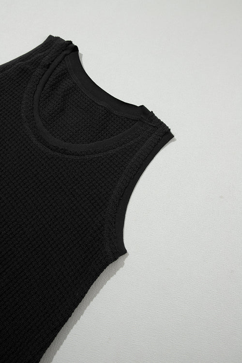 Black Scoop Neck Waffle Knit Splicing Flowy Vest