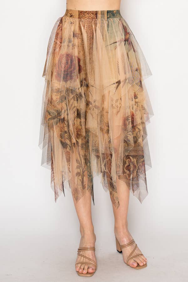 Origami Apparel ~  Lace and Crochet inspired - Dreamy Tiered Tulle Midi Skirt With Floaty Hem - 4546TP VINTAGE BIRD