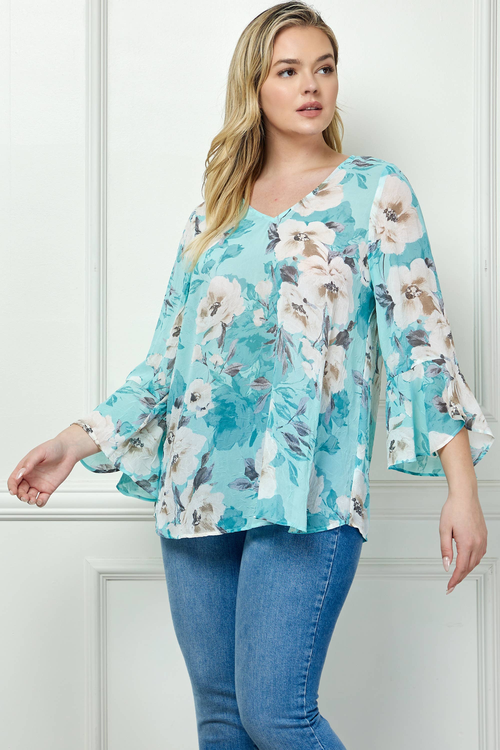 Winslow Collection - PLUS SIZE RUFFLE SLEEVE V-NECK SWING TOP