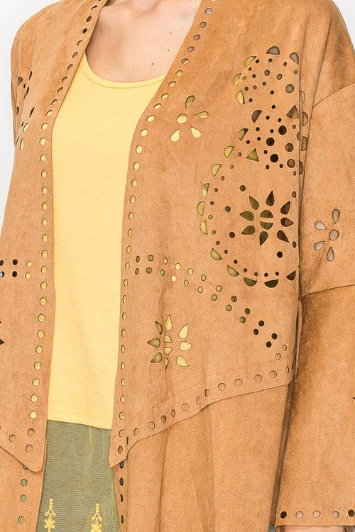 Origami Apparel ~  Faux Suede Jacket Laser Cutout Design - OLS-4762 CAMEL