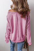 Orchid Petal Waffle Patchwork Raglan Sleeve Exposed Seam Sweatshirt