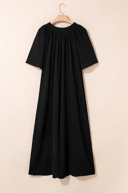 Black Plus Size Solid Color Notched Neck Short Sleeve Loose Dress