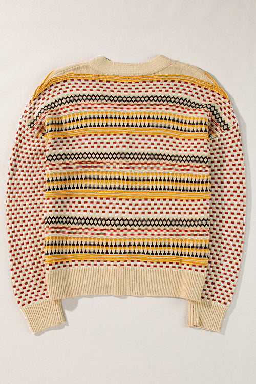 Khaki Geometric Pattern Button Front V Neck Cropped Cardigan