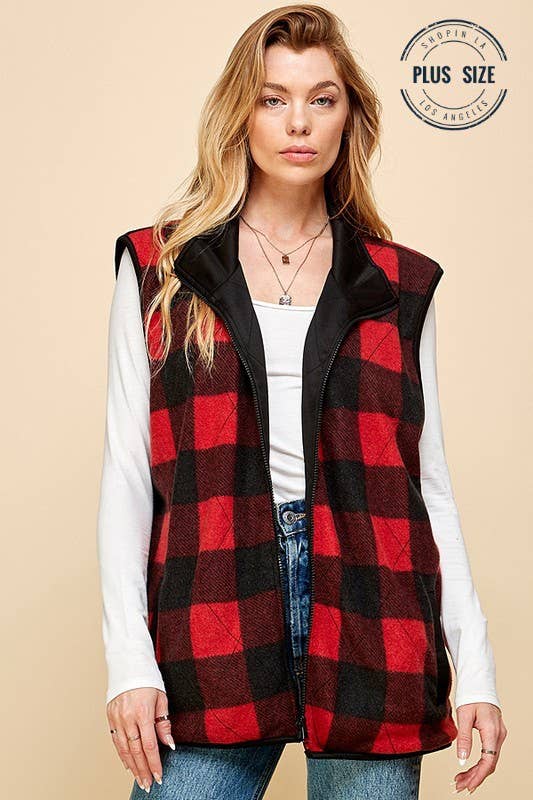 Shopin LA - SPT5193P. - PLUS SIZE REVERSIBLE PLAID ZIP UP POCKET VEST