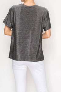 Origami Apparel ~  Lace and Crochet inspired - SUBTLY SPARKLY LUREX FABRIC SHORT SLEEVE TUNIC TOP4874BK-SIL