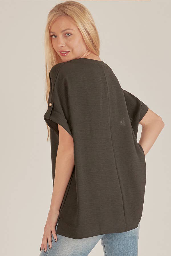 Shopin LA - SPT5211. WOMEN SHORT BUTTON SLEEVE FRONT SLIT LOOSE FIT TOP