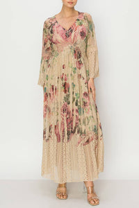 Origami Apparel ~  Lace and Crochet inspired - Romantic Lace Bell-Sleeved A-Line Midi Dress - 4658TP-BIG ROSE