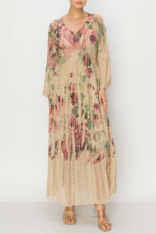 Origami Apparel ~  Lace and Crochet inspired - Romantic Lace Bell-Sleeved A-Line Midi Dress - 4658TP-BIG ROSE