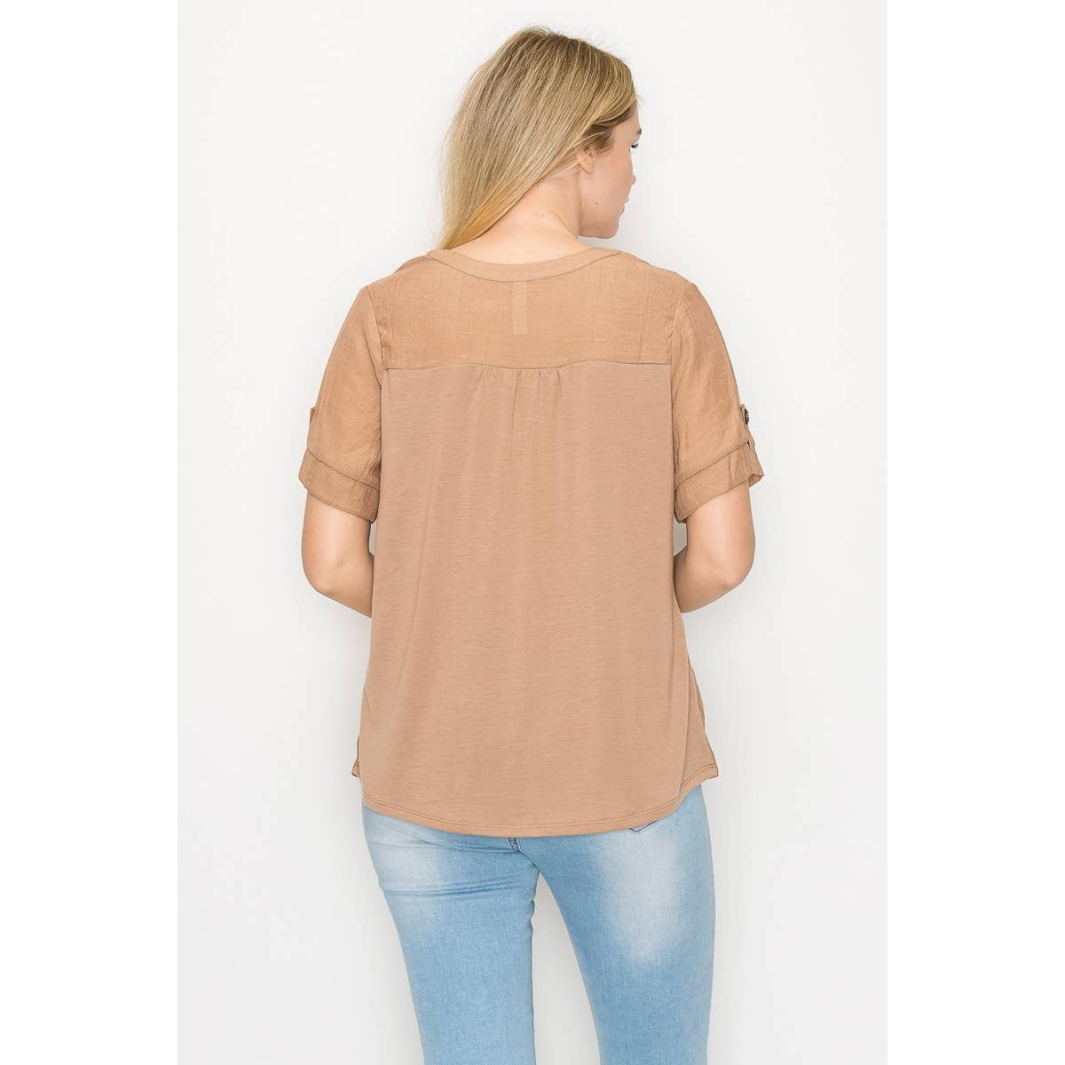Perseption - Pintuck Front Roll Tab Short Sleeve Mandarin Shirt