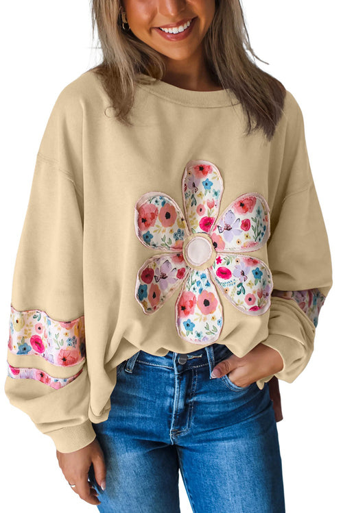 Peach Blossom Flower Applique Patchwork Drop Sleeve Pullover Sweatshirt