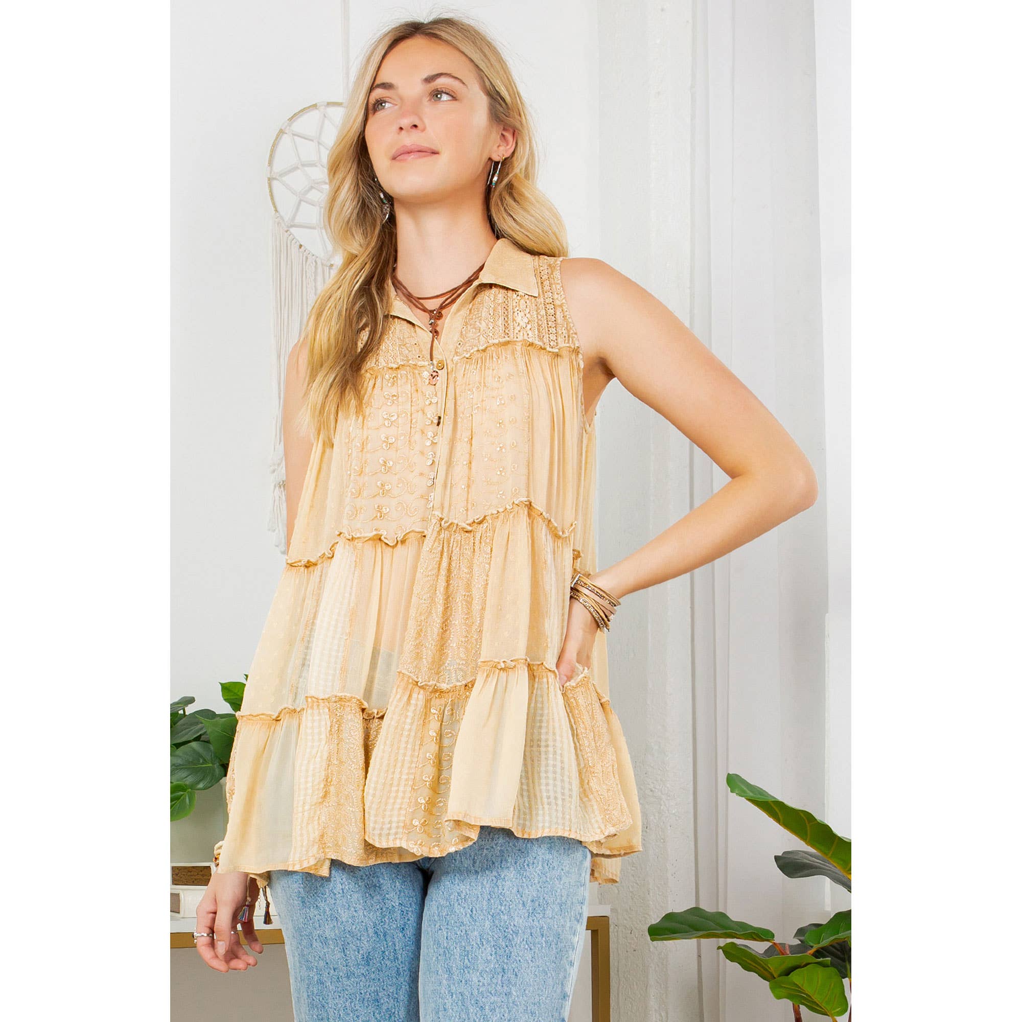 YOUNG THREADS - 60s-Inspired Sleeveless Jhabla Top Button-Down Shirt