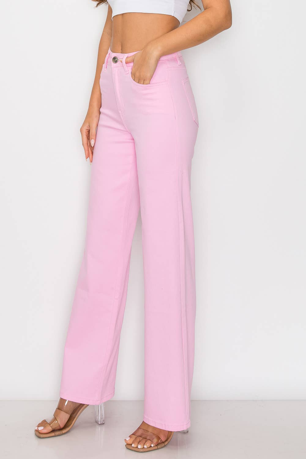 Denim Zone U.S.A. - LVB-200 LIGHT PINK HIGH WAISTED STRETCHY WIDE LEGS JEANS