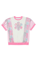 Beige Plus Size Floral Patchwork Short Sleeve Patch Embroidery Cotton T Shirt